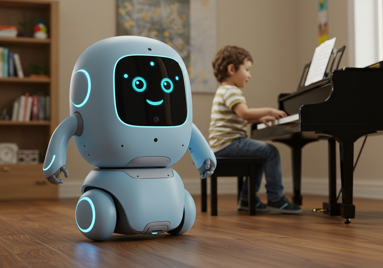 A friendly robot with round edges and a digital face display, following a child toward a piano. The robot has a light blue color and appears helpful rather than intimidating.