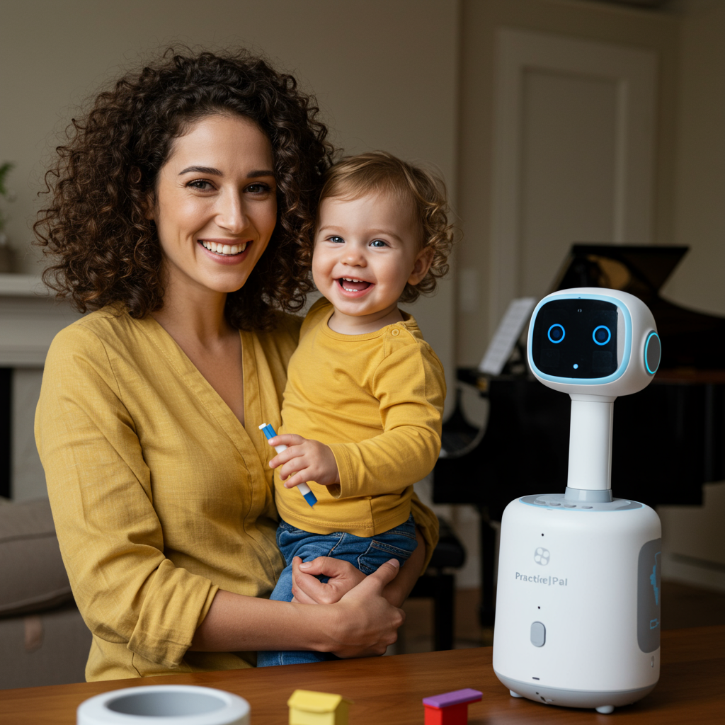 A happy mother and child smiling at the camera, with the PracticePal robot visible in the background near a piano